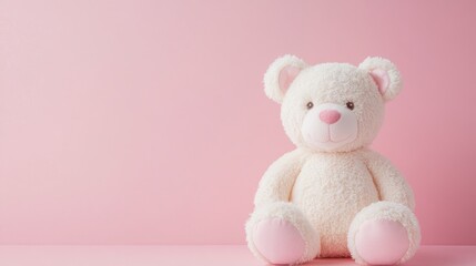 Bear plush toy on soft pink backdrop with ample copy space