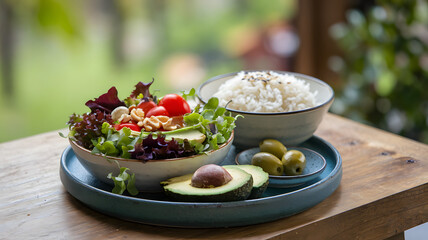 Beautifully arranged plate of healthy food on wooden table, embodying the concept of mindful eating, fresh ingredients, and balanced nutrition.