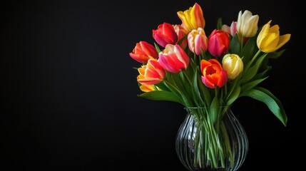 Vibrant tulip bouquet displayed in a glass vase captured in a studio setting A celebration of nature and elegance