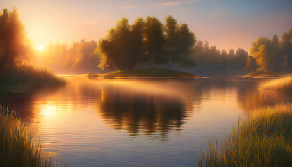 Fototapeta premium The evening sunlight on the lake has soft flares that spread out in circles, looking peaceful.