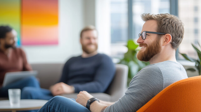 Engaging in conversation among colleagues in a modern lounge