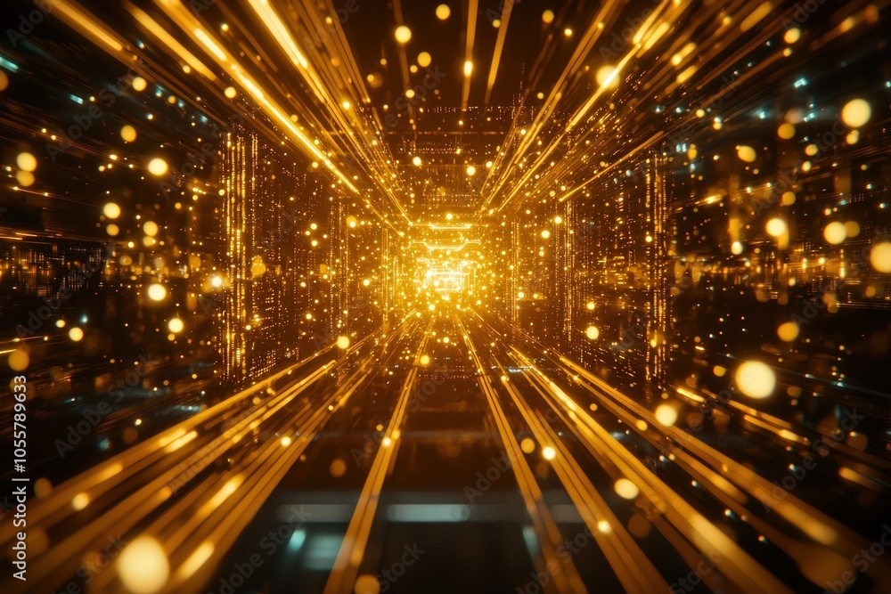 Poster dynamic digital pathways illuminated by radiant particles in a futuristic space