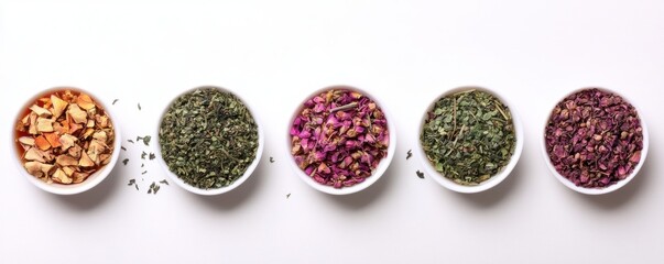Colorful bowls of dried herbs and spices arranged in a line on a white surface, showcasing a variety of textures and colors.