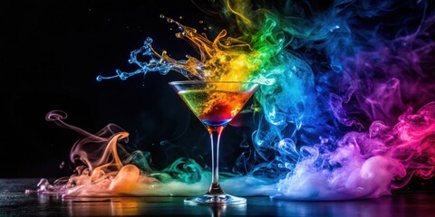 Colorful cocktail splashing with vibrant multicolored smoke on a dark background