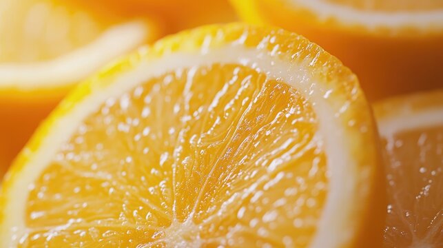 Close up macro view of fresh orange citrus fruit slices