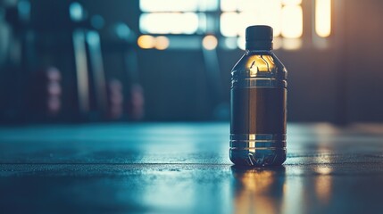 Inspirational quote on a fitness water bottle set against a gym floor backdrop