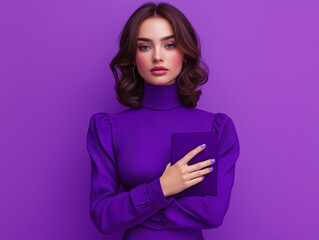 Piękna kobieta cała ubrana na fioletowo na purpurowym tle	
