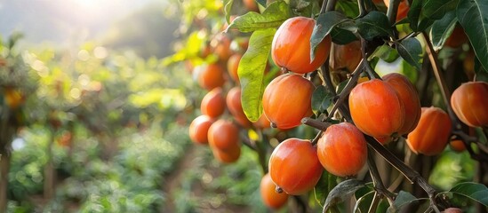 Ripe Persimmon Trabzon Hurmasi Ripe Date Palm Fruit Hanging On Tree Branch In Orchard