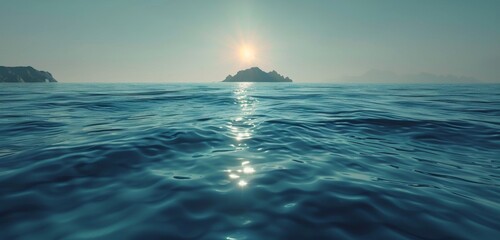 Calm Ocean Waters With Distant Mountains And Shining Sun