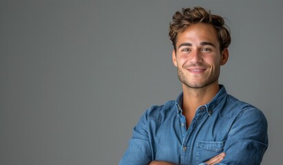 Obraz premium Smiling Man In Denim Shirt Against Gray Wall