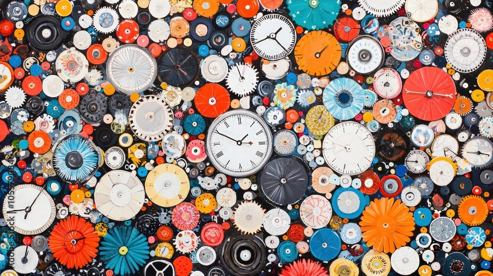 Poster a vibrant collection of clocks an artistic display of timepieces and colorful elements
