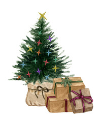 Watercolor Christmas tree with presents