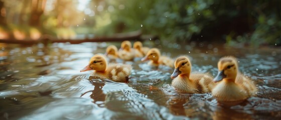 A serene row of ducklings glides through sunlit waters, creating a tranquil ripple effect in the natural, idyllic woodland setting.