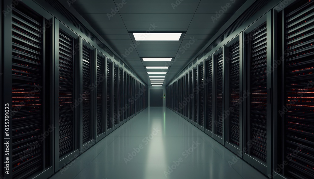 Poster a dimly lit server room featuring rows of servers lining the walls, creating a futuristic and techni