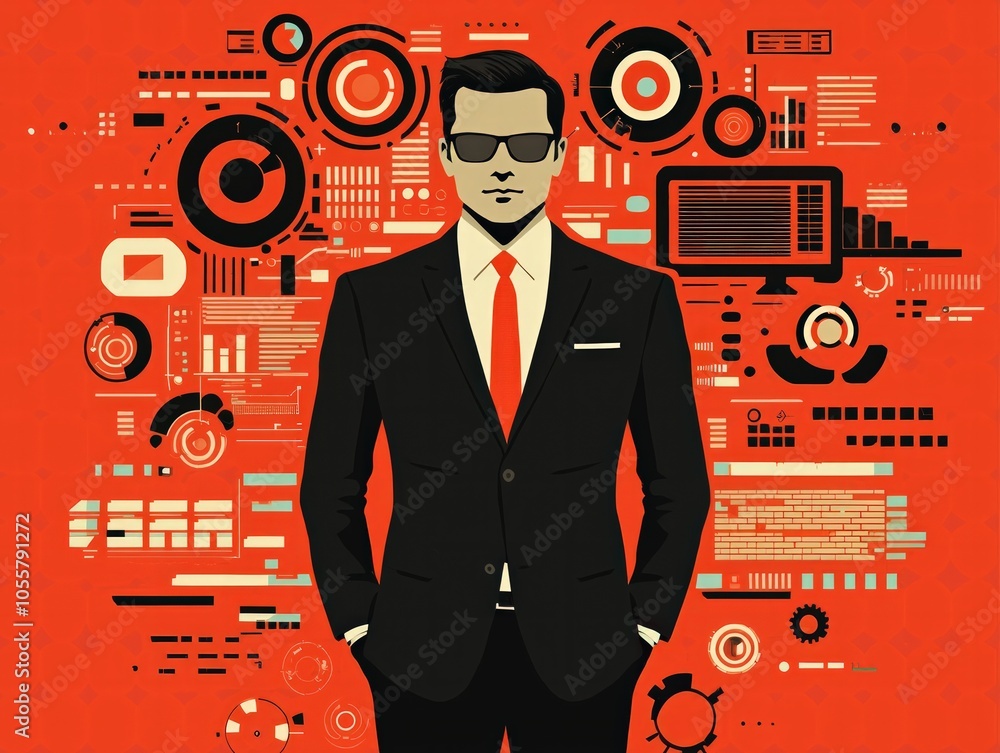 Poster stylish businessman in sunglasses surrounded by data visualization elements representing technology 
