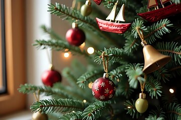 Fototapeta premium Greek-style Christmas tree adorned with olive ornaments, miniature boats, and traditional bells, surrounded by warm festive lights and soft wooden tones