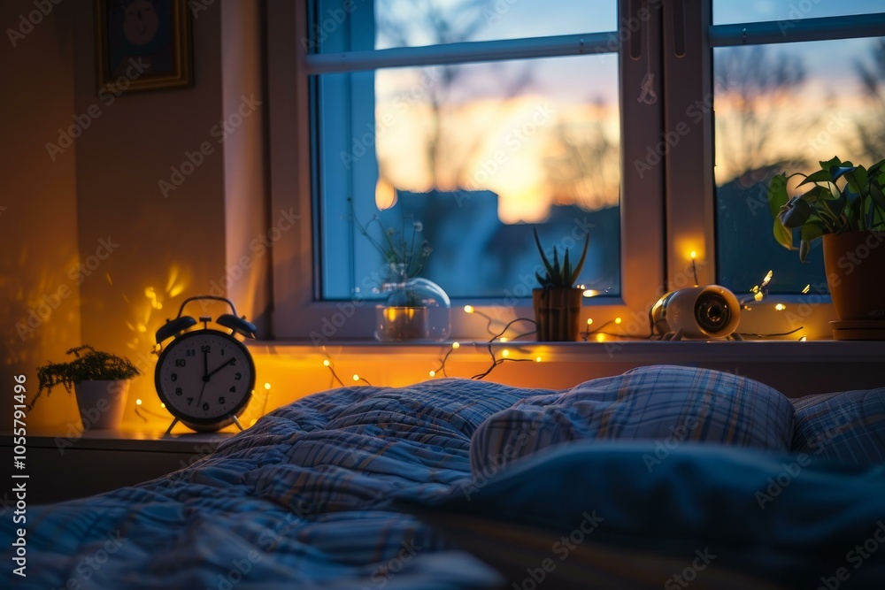 Poster alarm clock showing midnight is sitting on a bedside table with string lights and a sunset outside t