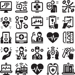 Digital healthcare and telemedicine web line icons.