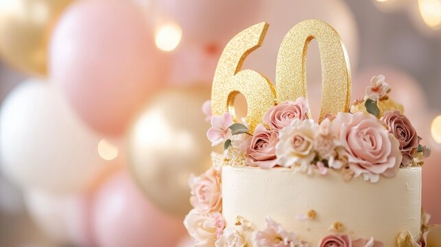 Elegant birthday cake featuring a gold number 60 and floral decorations complemented by balloons in the background