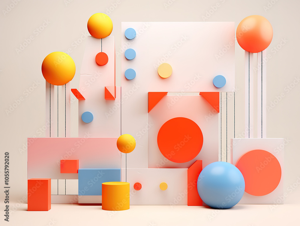 Poster abstract 3d render with primitive geometric shapes in pastel color palette