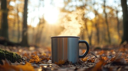 Close up of a metal camping mug filled with a hot beverage emitting steam in a forest during autumn A minimalist cup provides space for branding ideal for outdoor and hiking themes