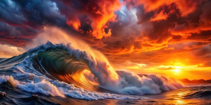 Colossal wave under fiery sunset sky in raging storm at open sea evokes awe nature power and beauty