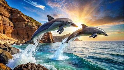 Fototapeta premium Dolphins Dancing in Crystal-Clear Waters Near Rocky Coastline - Urban Exploration Photography