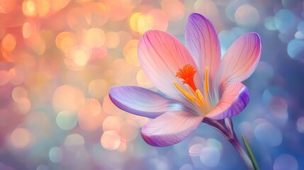 Fototapeta premium Close up of a fully blooming crocus flower featuring a bright and vibrant background of spring blossoms