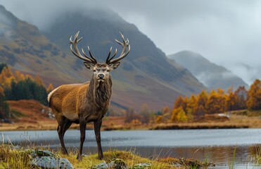 Red Deer Stag in Autumnal Scottish Highlands Landscape