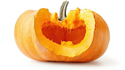 Obraz premium Cut open Halloween pumpkin featuring a Baby Bear design revealing its vegetable flesh and seeds Isolated on a white background
