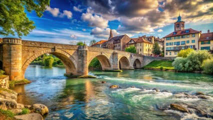 Fototapeta premium Scenic river flowing under ancient stone bridge in charming European city