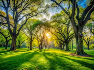 Double Exposure of Green Grass Landscape with Old Trees in Spring at Central Park, New York City
