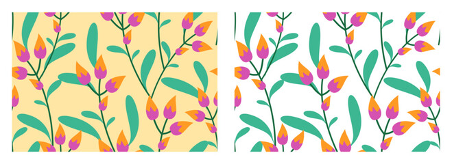 Seamless floral pattern, abstract flower print in romantic vintage with Elegant botanical design in yellow, white colors, hand drawn wild flowers, leaves in abstract background. Vector illustration.