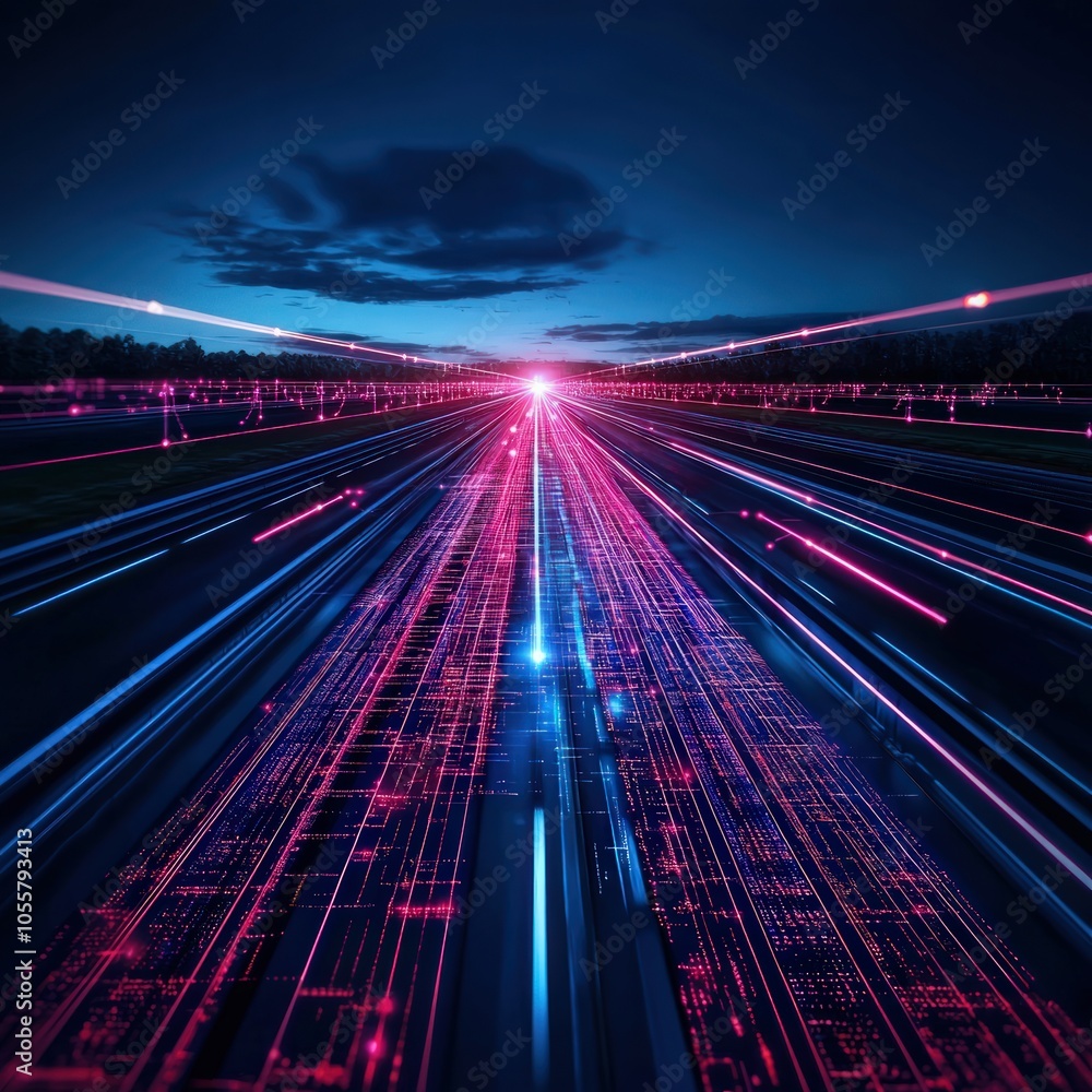 Poster exploring the vivid intersection of technology and light in a futuristic landscape