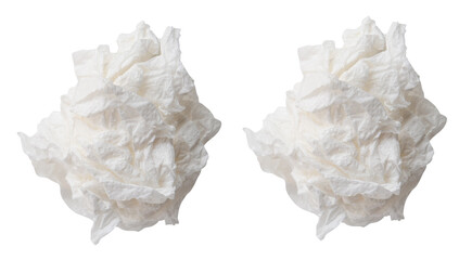 Top view set of screwed or crumpled white tissue paper ball isolated on white background with clipping path
