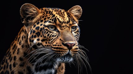 Fototapeta premium Closeup Of Leopard Panthera Pardus Kotiya Looks Forward With Black Background