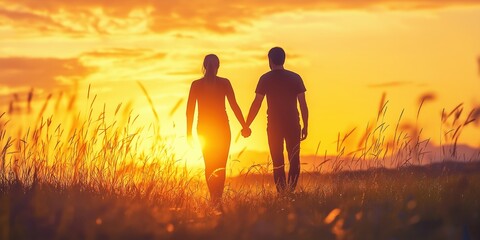Fototapeta premium A couple holding hands walks through a sunlit field, creating a romantic and serene atmosphere at sunset.