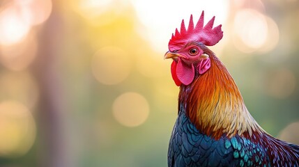 A vivid close up image of a colorful rooster featuring a prominent red comb and wattles positioned against a soft blurred natural backdrop emphasizing its stunning feathers and confident posture