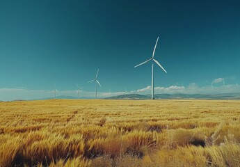 Wind Turbines in a Field of Golden Grass Under a Blue Sky