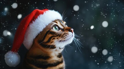 Fototapeta premium Bengal cat adorned with a festive Santa hat capturing the spirit of the holiday season