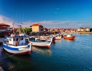 Fototapeta premium Fishing net and moored fishing boats at the port 