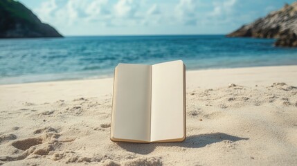 Blank notebook mock up placed on sandy beach