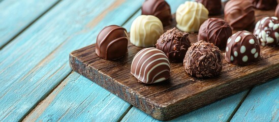 Assorted Chocolates Candy Balls Of Different Types Of Chocolate On A Wooden Board On A Blue Wooden Table