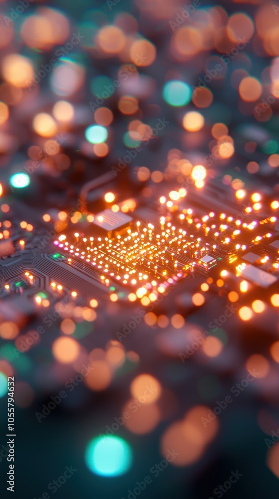 Poster intricate patterns of light on a circuit board capturing the essence of modern technology