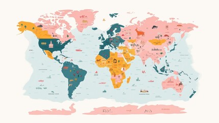 Colorful Cartoon Map of the World with Exaggerated Features