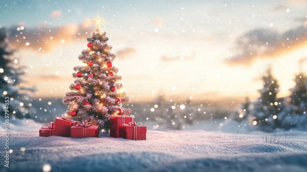 Poster a stunning 3d rendering of an intricately designed christmas tree with red gift boxes on a snowy sur