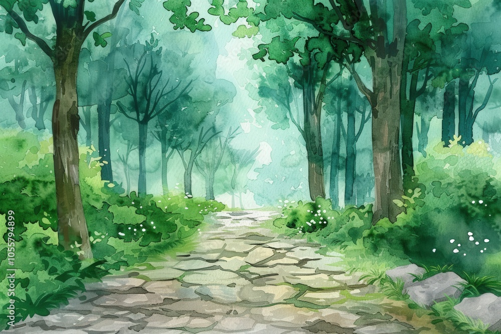 Poster a painting of a forest path with trees and a stone walkway