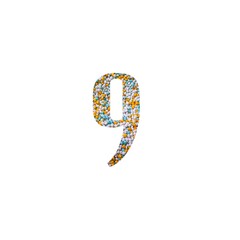 Number 9 font with colored stones inside