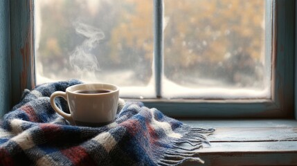 A cozy winter still life features a steaming cup of coffee beside a soft plaid blanket on a vintage windowsill creating a warm and inviting atmosphere