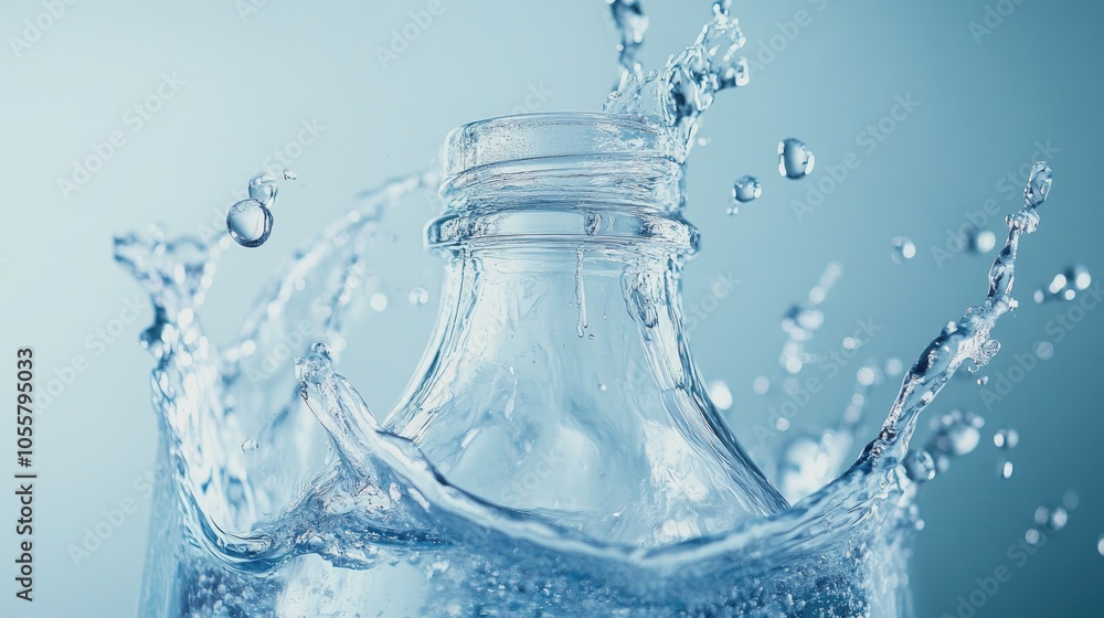 Poster dynamic water splash from a bottle emphasizing freshness and energy with a soft blue backdrop